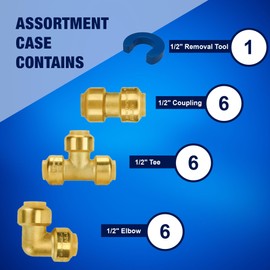New Age America® 19pc 1/2" Pushfit Fittings AquaFlow 360™ | 6 Elbow + 6 Tee + 6 Coupling & 1 Removal Tool | 1/2 Inch | Brass | Push-To-Connect | Lead-Free Fittings Bundle | NSF/ANSI & UPC Certified