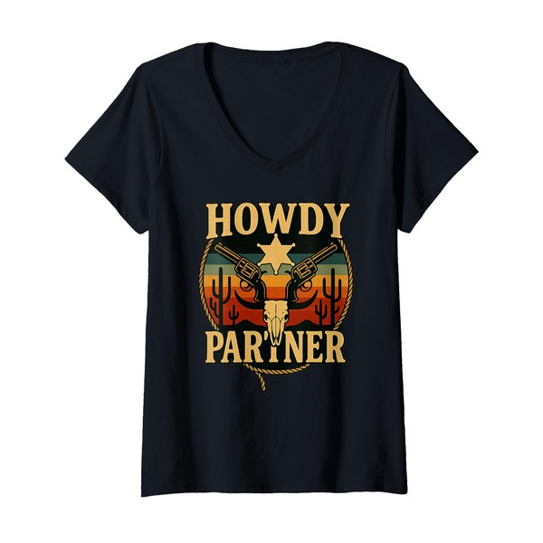 Womens Howdy Partner Western Cowboy Longhorn Skull Sheriff Star V-Neck