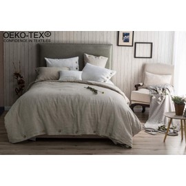 meadow park King Linen Duvet Cover with Pillow Shams, 3 Pc Set, Vintage Stone Washed Fabric with Coconut Shell Button Closures and Corner Ties, Natural Color