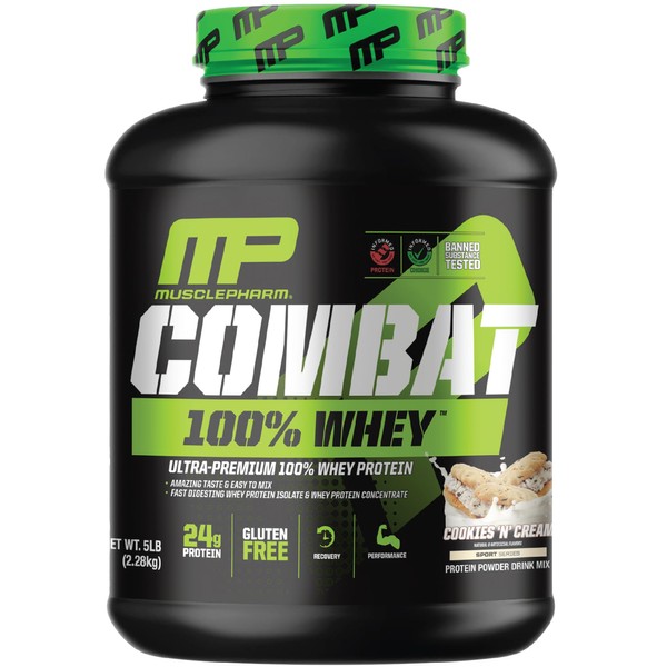 MusclePharm Combat 100% Whey Protein Powder, Cookies ‘N’ Cream Flavor, Fast Recovery & Muscle Gain with Whey Protein Isolate, High Protein Powder for Women & Men, Gluten Free, 5 lb, 70 Servings