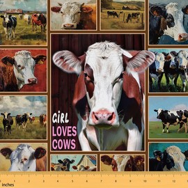 jejeloiu Cow Fabric by The Yard, Milk Cow Upholstery Fabric for Chairs, Animal Western Decor Plaid Grid Decorative Waterproof Outdoor Fabric, 1 Yard, Brown Blue