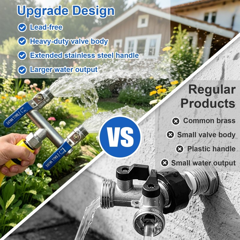 2 Way Garden Hose Splitter, 304 Stainless Steel T Valve,
