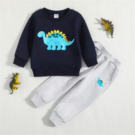 Toddler Boys Clothes 12-18 Months 2PCS Long Sleeve Dinosaur Print Sweatshirt Tops Elastic Band Pants Sets (H-Sapphire Blue, 18-24 Months)