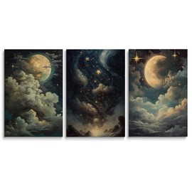 SKYSUKEY Set of 3 Celestial Moon Canvas Wall Art Prints - Vintage-Inspired Night Sky & Starry Landscape - Dark Academia Aesthetic Mystical Moonlit Clouds Decor for Bedroom, Living Room, Framed