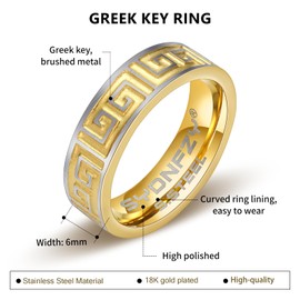 SYDNFZY Mens Wedding Band Ring - Fashion Durable Stainless Steel Engagement Promise Rings for Men Women, 6mm Greek Key Ring for Men Couple Jewelry Gift Ring Size 6 7 8 9 10 11 (Greek key-gold, 9)