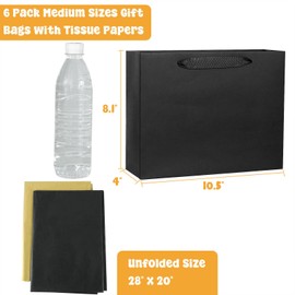 6 Pack Medium 10.5"x4"x8.1" Black Gift Bags with Tissue Papers, Kraft Shopping Bags with Ribbon Handles, Retail Wrapping Bags Set for All Occasions