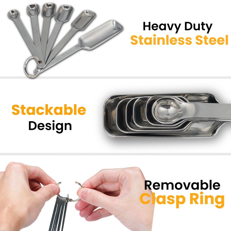 Stainless Steel Measuring Spoons Set of 6, Rectangular Metal Measuring
