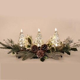 Christmas Table Centerpiece with LED Lights, Christmas Decoration with 3PCS Silver Christmas Tree, Natural Pine Cones, Christmas Balls for Holiday Party, Home, Fireplace