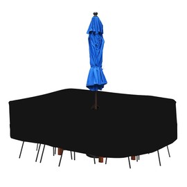 108 Inch Rectangular Oval Patio Table Chair Set Cover with Umbrella Hole Waterproof Outdoor Dining Table and Chairs Cover Rectangle, Black