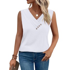 SAMPEEL White Tank Top Woman Summer Casual Loose Spring V Neck Button Down Tops Sleeveless Summer Outfits Beach Vacation Outfits Fashion 2025 M