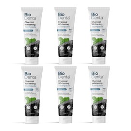 BioDenta Charcoal Whitening Toothpaste - Activated White Charcoal - 75 ml - (Pack of 6) - 98% Natural Vegan, Vegetarian and Halal Friendly. Free from SLS, PEG & Parabens - Pack of 6