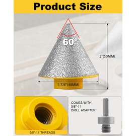 AOKLIT Diamond Beveling Chamfer Bit, Diamond Countersink Drill Bit for 1-7/8"(48mm) Hole Enlarging Trimming Grinding in Tile, Marble, Glass, Granite, Ceramic with 5/8-11" Thread Adapter