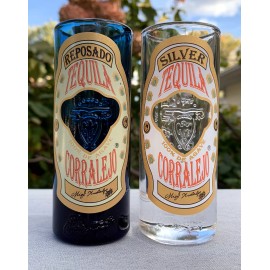 2 New Corralejo Tequila Tall Shot Glasses 3 oz Silver & Reposado Embossed