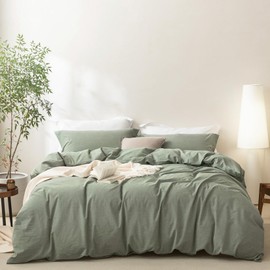 BDEAR Linen Feel Heathered Green Duvet Cover King Size 104'' W x 90'' L, 100% Washed Cotton Duvet Cover with Zipper Closure Plus 2 Pillowcases, Oeko TEX Standard Certificated