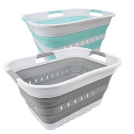 SAMMART Set of 2-30L (8 gallon) Collapsible Plastic Laundry Basket - Foldable Pop Up Storage Container/Organizer - Portable Washing Tub - Space Saving Hamper/Basket (2, Grey + Lake Green)