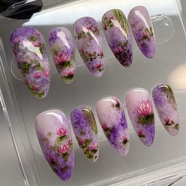 Almond Press On Nails Medium Fake Nails Gradient With Flower Design Purple Ombre False Nails Artificial Acrylic Glue On Nails Full Cover Reusable Stick On Nails For Women Manicure 24pcs