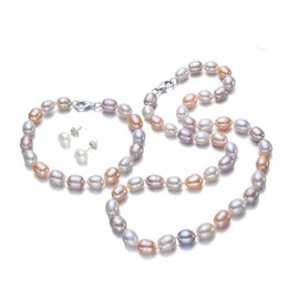Treasure Bay FAB Elegant 8mm Rice Shape Freshwater Pearl Necklace Bracelet and earrings Tri Set (Multicoloured)