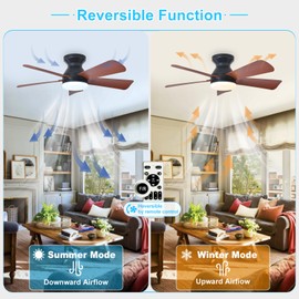 Depuley Modern Ceiling Fan with Light: 35-Inch Black Small Fans for Bedroom Indoor Outdoor - Dimmable Low Profile Ceiling Fans with Remote Control Flush Mount 5 Reversible Walnut Blades 6 Speeds Timer