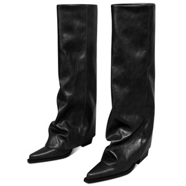 zhsrin Black Fold Over Knee High Boots for Women with Zipper Pointed Toe Chunky Heel Shark Boots Baggy Shoes