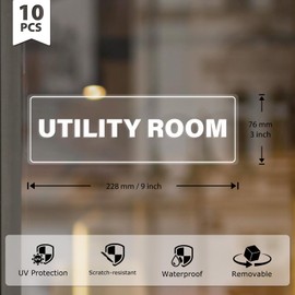 YIKIADA 10 Pack Utility Room Clear Sticker 9 × 3 Inches Transparent Decal Vinyl Waterproof Self Adhesive Sign for Business Home Store