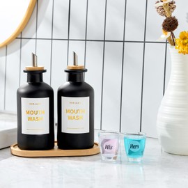 Glass Mouthwash Dispenser for Bathroom, 11.8oz Mouthwash Decanter Bottle with Stianless Steel Spouts, Mouthwash Containeer with Bamboo Holder, Refillable Cups, Reusable Funnel, Golden Stickers