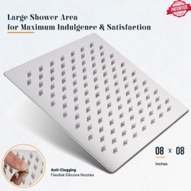 LIVOREST Square Rainfall Shower Head - 8 inch Large, Overhead Fixed Rain Showerhead with Angle Adjustment - Stainless Steel 304 with Chrome Finish - Standard Fitting, Easy Replacement