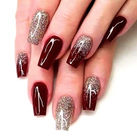 24Pcs Red Press on Nails Medium Coffin Gold Powder Sparkly Designs Fake Nails Reusable Full Cover Stick on Nails Set Square and Acrylic Glue on Nails for Women Artificial Nails Decoration Accessories