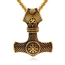 Oaldilee Thors Hammer Necklace Norse Mythology Vintage Viking Mjolnir Pendant Necklaces for Men, Gold Amulet Noridc Viking Jewelry