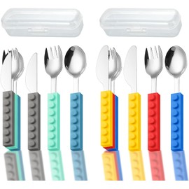 Cubiertos para niños 6 piezas, tenedor, cuchillo y cuchara de acero inoxidable con mangos de silicona, Sin BPA, Incluye estuche portátil, para el hogar, la escuela, restaurantes y campamentos