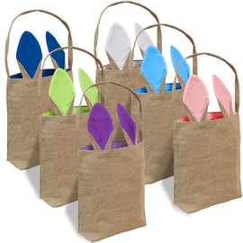 PIXHOTUL 6 Pack Easter Bunny Bags, Easter Bunny Baskets Rabbit Ears Jute Cloth Tote Bags for Kids Eggs Hunting (6, Color 1)
