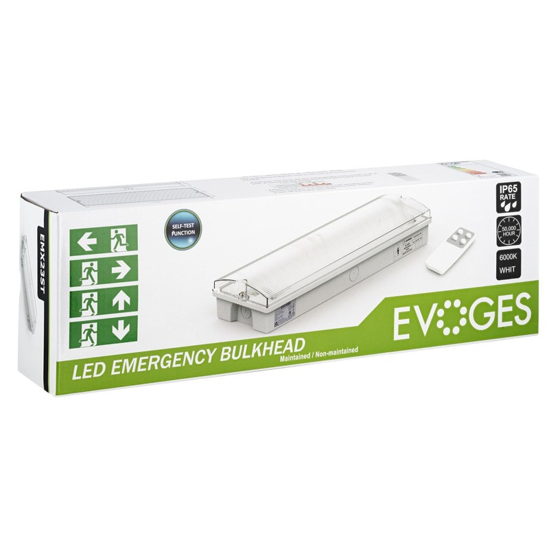 EVOGES IP65 3W Emergency LED Exit Sign Bulkhead, Self Test