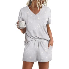 Ekouaer Women's Short Pyjamas, Printed with Pockets, Summer Sleepwear, S-XXL, Grey star