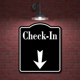 Check-In Down Arrow BLACK Aluminum Composite Sign, 15"x18"