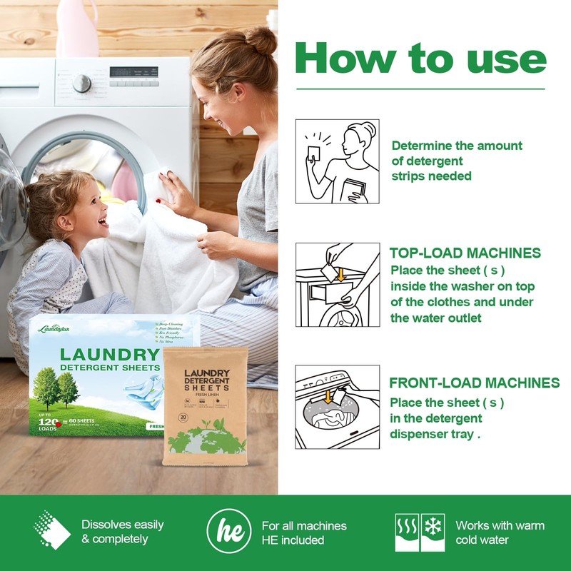 Laundry Detergent Sheet, Eco-Friendly & Hypoallergenic Wash Strips, Natural Ingredients,