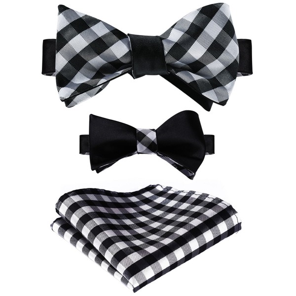 HISDERN Men's Plaid Double Sided Jacquard Self Bow Tie Set