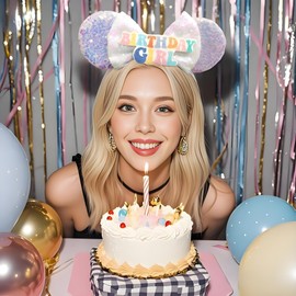 Qckarobe Birthday Mouse Ears Headband, Sequin Birthday Mouse Ears Headbands for Women Girls Adults Shiny Bow Mouse Ears Hairband for Costume Party Decorations