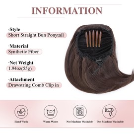 S-noilite Drawstring Hair Bun Ponytail Extensions,Short Ponytail Synthetic Comb Clip in Updo Hairpiece Fake Hair,12 inch Straight Hepburn Scrunchies Bun Hair Piece,Auburn Brown