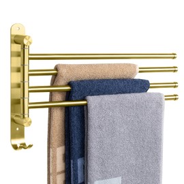NearMoon Swivel Towel Rack, Thicken SUS304 Stainless Steel 4-Arm Towel Bar, Space Saving Wall Mounted Towel Holder with Hook, Rustproof Swing Out Towel Hanger for Bathroom, Kitchen (Brushed Gold)