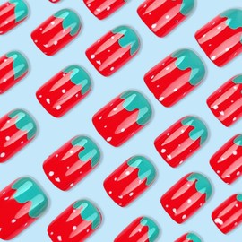 GCSQW Short Square Press on Nails Summer Fake Nails with Strawberry Designs Red Green False Nails Glossy Glue on Nails Artificial Acrylic Nails Cute Fruit Stick on Nails for Women 24Pcs