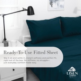 Linen Home Washed Cotton Percale Fitted Sheet Full Size, Navy Blue, 1 Deep Pocket Fitted Sheet, Soft and Cool Strong Bed Linen, 54"X76"+14"