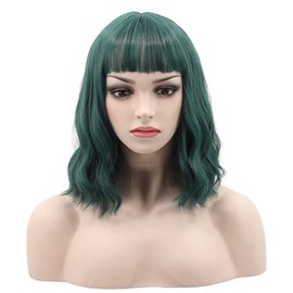 WildCos Short 14 Inches Pastel Wavy With Air Bangs Bob Cosplay Wig for Girl and Women Colorful Wigs (Green)