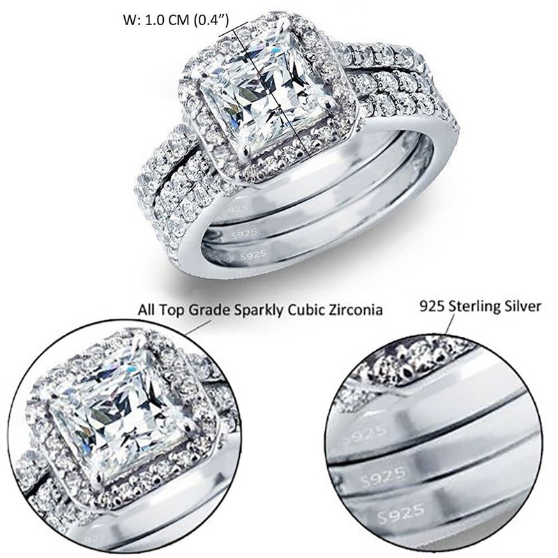MABELLA Princess Sterling Silver Cubic Zirconia Wedding Engagement Ring Set
