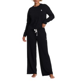 U.S. Polo Assn. Lounge Sets for Women, Tracksuit Sets for Women 2 Piece with Top and Wide Leg Sweatpants for Spring (Black, X-Large)