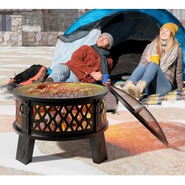 Fire Beauty 26" Steel Fire Pit with Grill & Diamond Mesh Design,360° Airflow Tech for 80% Less Smoke,XL Flames,Heavy-Duty Portable Outdoor Fire Bowl for Camping, Backyard, Beach (22lbs, 4 Handles)