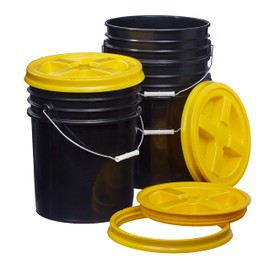 Consolidated Plastics 5 Gallon Black Food Grade Buckets + Yellow Gamma Seal Lids, BPA Free Container Storage, Durable HDPE Pails, Made in USA (3 Pack)