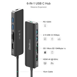 USB C Hub HDMI PD Adapter, Dockteck 6-in-1 Type C Hub with 4K 60Hz, 100W PD, SD & microSD Card Reader, 2 USB 3.0 Data 5Gbps, USB-C Adapter for MacBook Air/Pro, Surface Pro 7/8, XPS and More