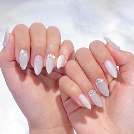 White Cat Eye Press on Nails Medium Almond ZWENJIE Fake Nails with Glitter Rhinestones Designs Ombre Agate False Nails Press ons Glossy Acrylic Nails Solid Color Glue on Nails for Women 24 Pcs
