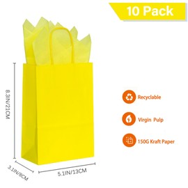 AZOWA Yellow Gift Bags with Tissue Paper Small Yellow Kraft Paper Bags with Handles (8.3 x 5.1 x 3.1 in, 10 Pcs)