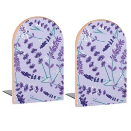 Lavender Flowers Pattern Purple Book Ends Decorative Wood Bookends for Shelves Kids Room Desk Home Office Book Stoppers for Magazines,Books, DVDs, 1 Pair/2 Pieces(5x3.1 in)