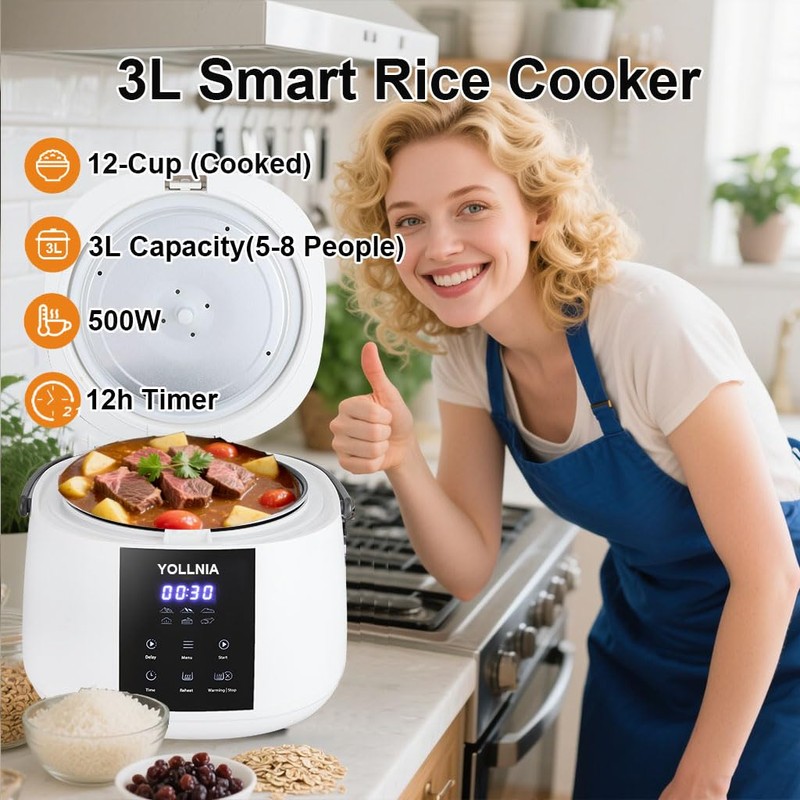 Yollnia 3L Rice Cooker 12 cups (Cooked), Mini Digital Rice